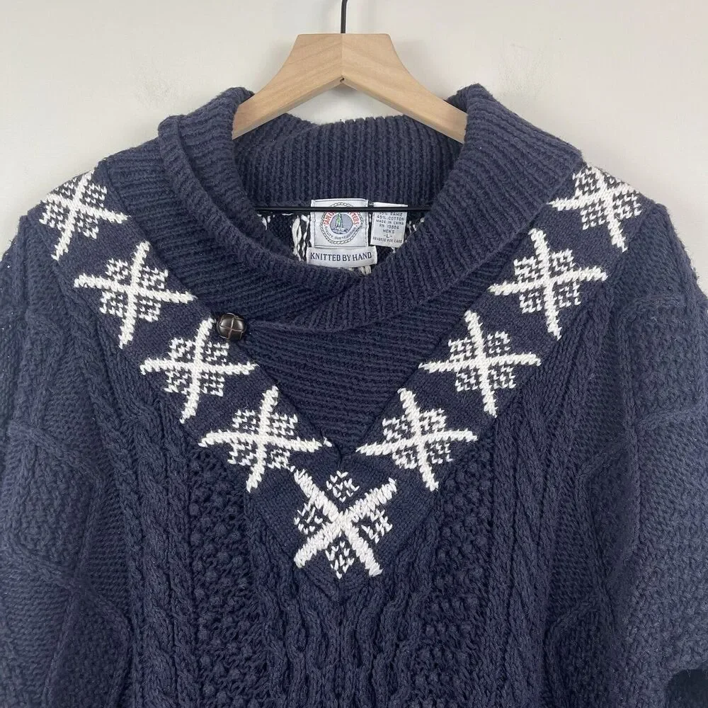 Vintage Cape Isle Knitters Men Collared Sweater Sz L Blue Heavy Fisherman Nordic